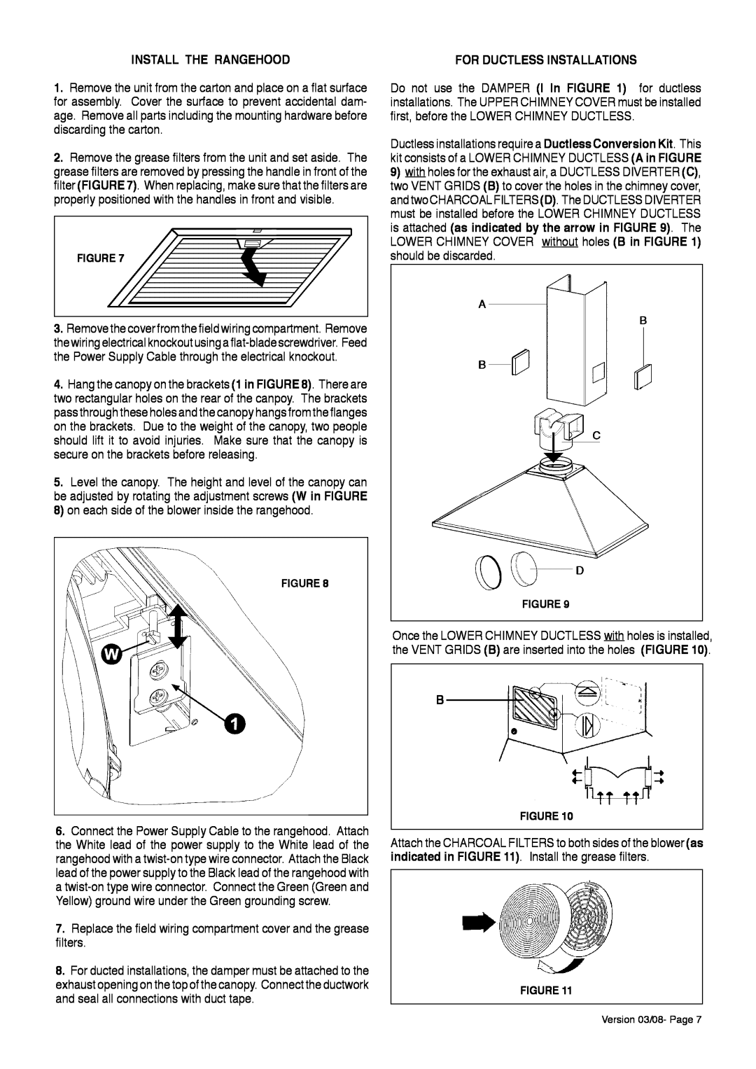 Faber 280 CFM, 500 CFM installation instructions Install The Rangehood, For Ductless Installations 