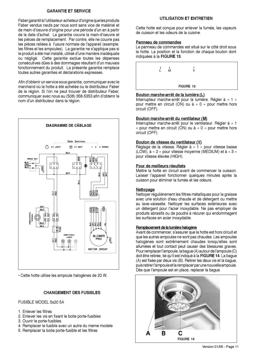 Faber 5x20 5A installation instructions Garantie ET Service, Changement DES Fusibles, Utilisation ET Entretien 