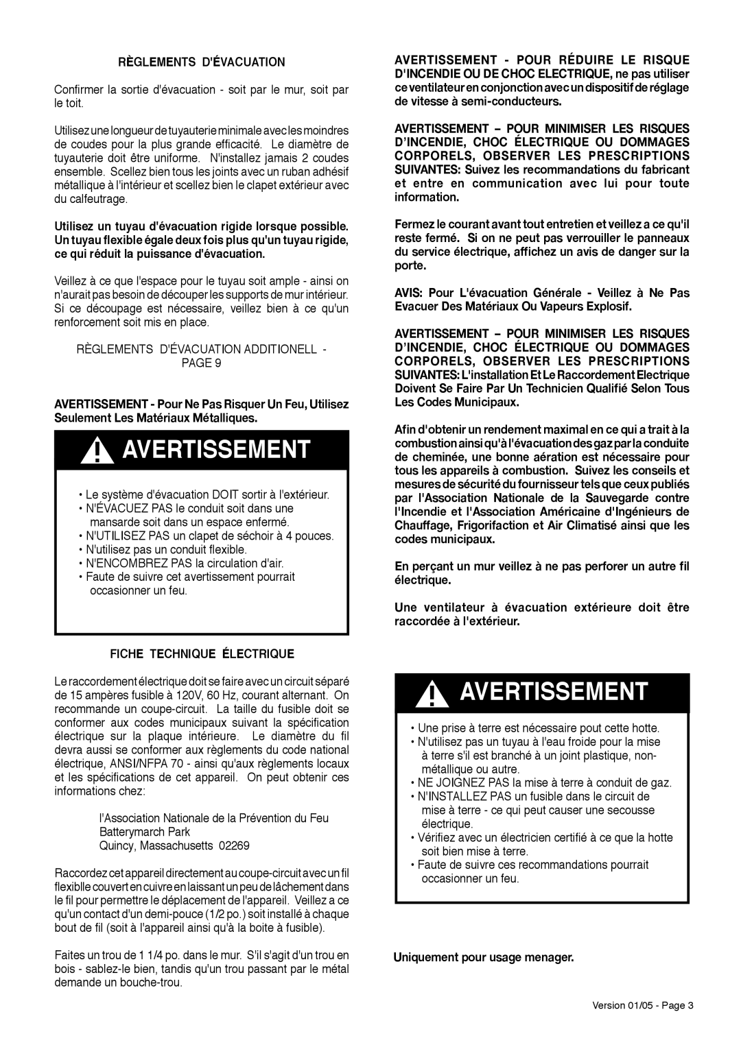 Faber 5x20 5A installation instructions Règlements Dévacuation, Fiche Technique Électrique, Uniquement pour usage menager 