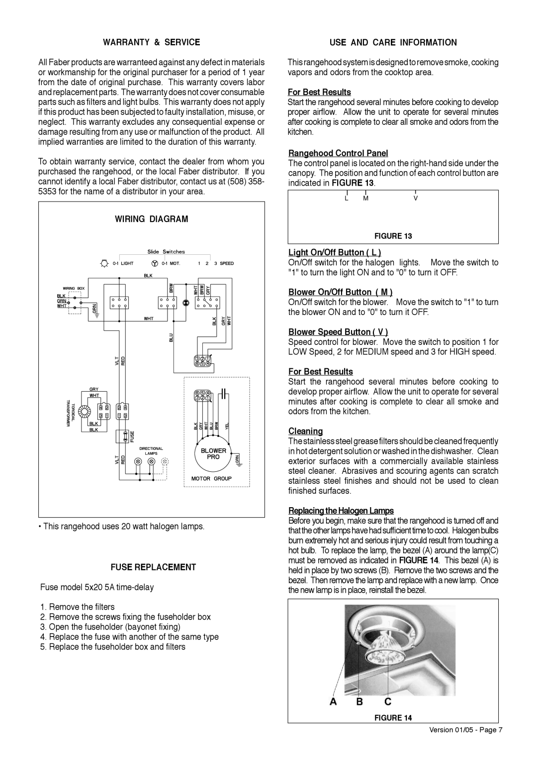 Faber 5x20 5A installation instructions Warranty & Service, Fuse Replacement, USE and Care Information 