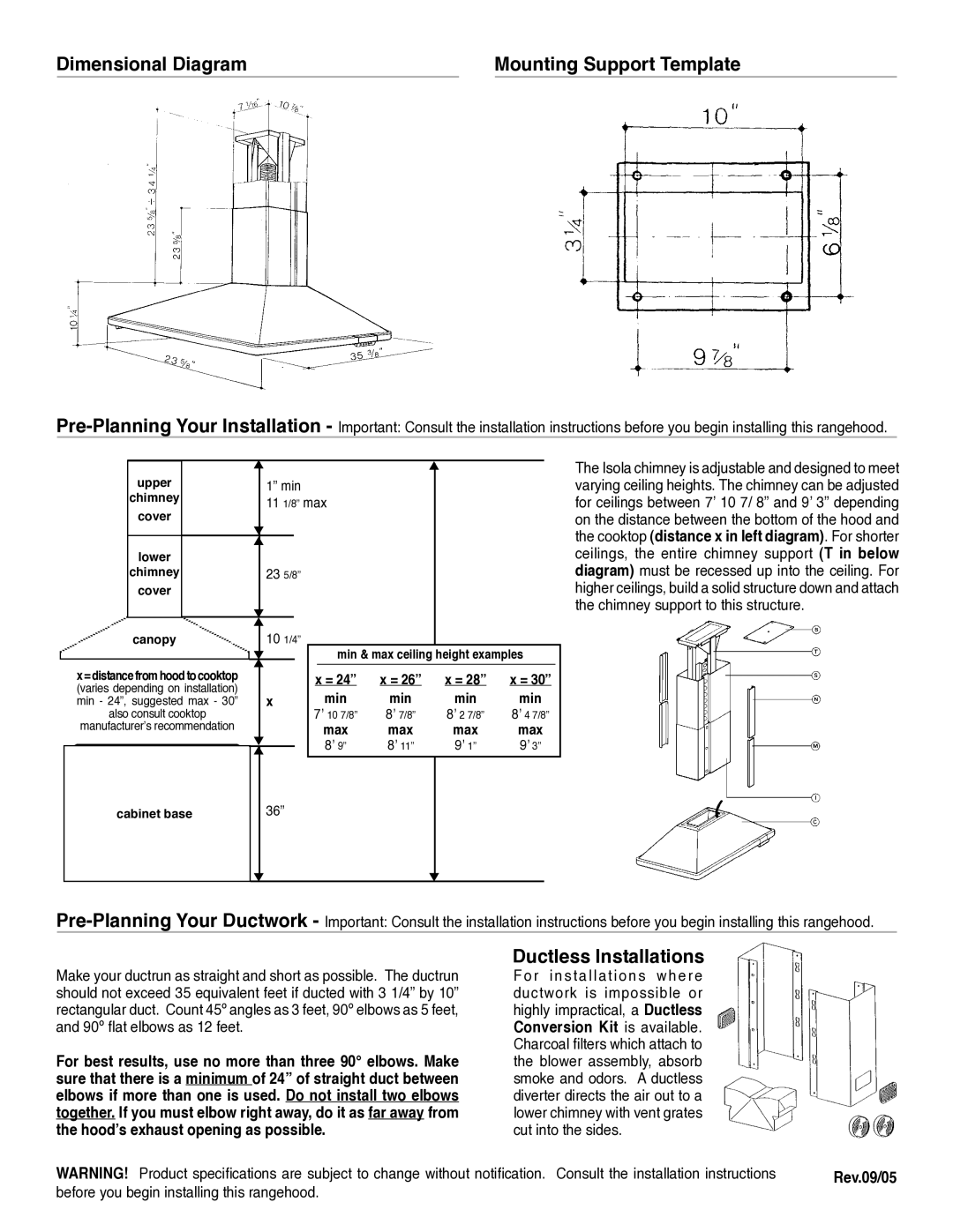 Faber 6044787 manual Dimensional Diagram Mounting Support Template, Ductless Installations, Min, 11 1/8 max 