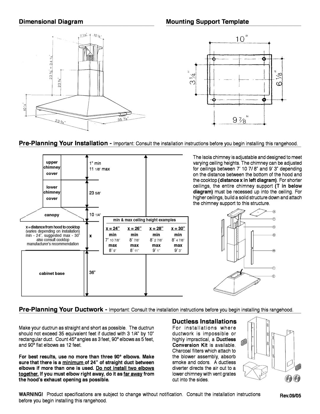Faber 6044787 manual Dimensional Diagram, Mounting Support Template, Ductless Installations 