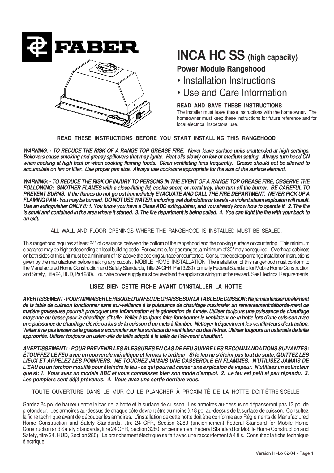 Faber 6048624 installation instructions Read and Save These Instructions, Lisez Bien Cette Fiche Avant Dinstaller LA Hotte 