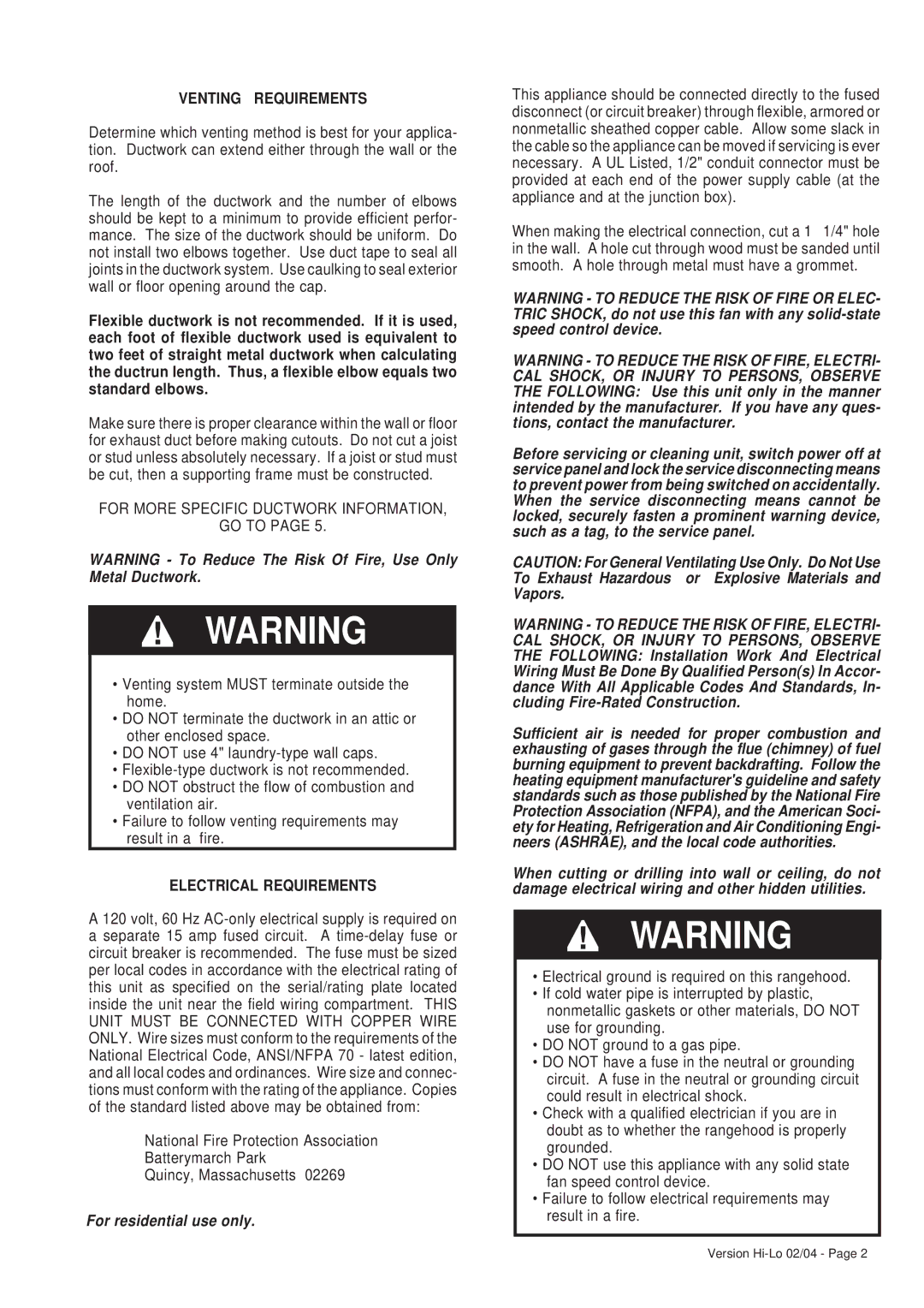 Faber 6048624 installation instructions Venting Requirements, Electrical Requirements, For residential use only 