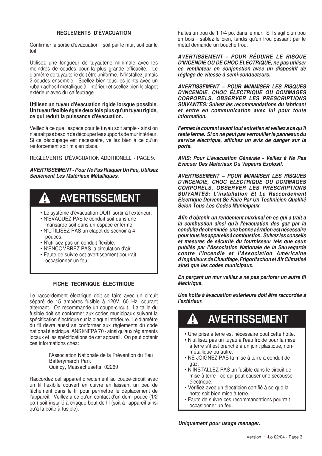 Faber 6048624 installation instructions Règlements Dévacuation, Fiche Technique Électrique, Uniquement pour usage menager 