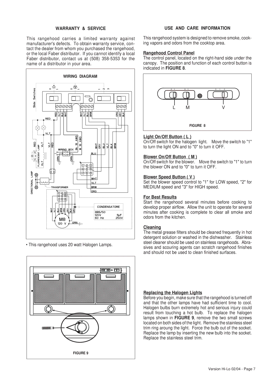 Faber 6048624 installation instructions Warranty & Service, USE and Care Information 