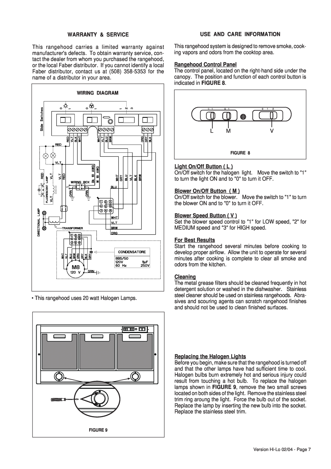 Faber 6048624 Warranty & Service, Use And Care Information, Rangehood Control Panel, Light On/Off Button L, Cleaning 