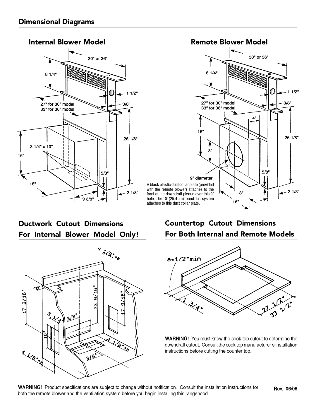 Faber 6058029 Dimensional Diagrams Internal Blower Model, Ductwork Cutout Dimensions For Internal Blower Model Only 