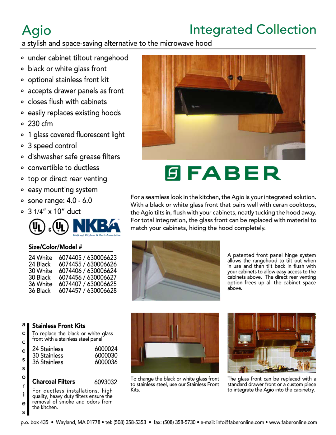 Faber 6074455/630006626 manual AgioIntegrated Collection, Size/Color/Model #, Stainless Front Kits, Charcoal Filters 