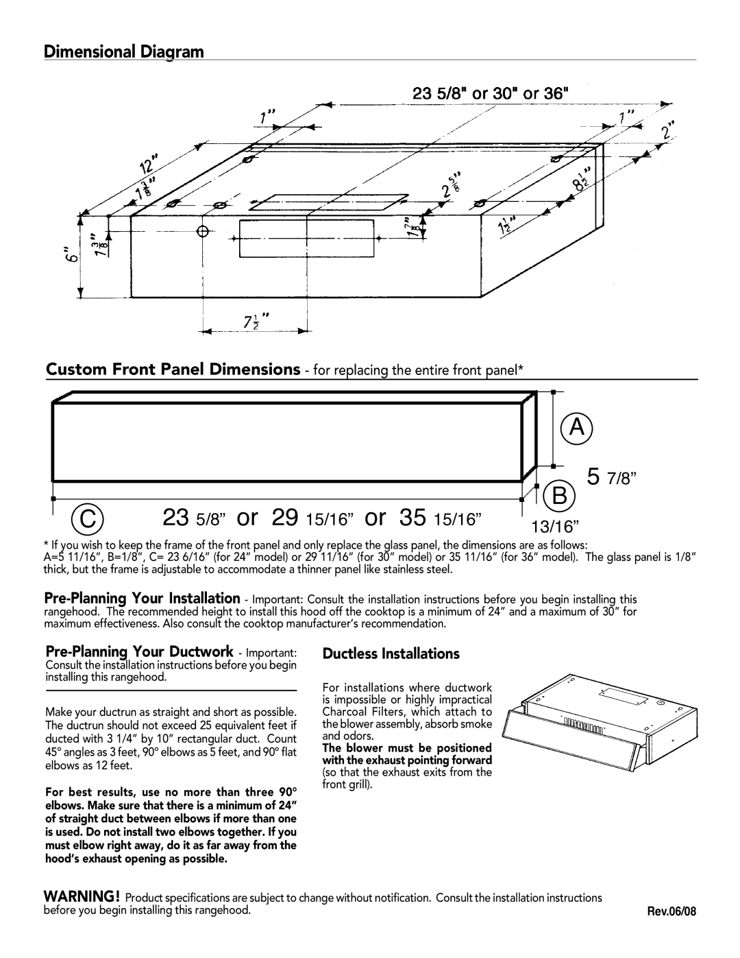 Faber 6074456/630006627 manual Dimensional Diagram, 23 5/8 or 29 15/16 or 35 15/16 7/8 13/16, Ductless Installations 