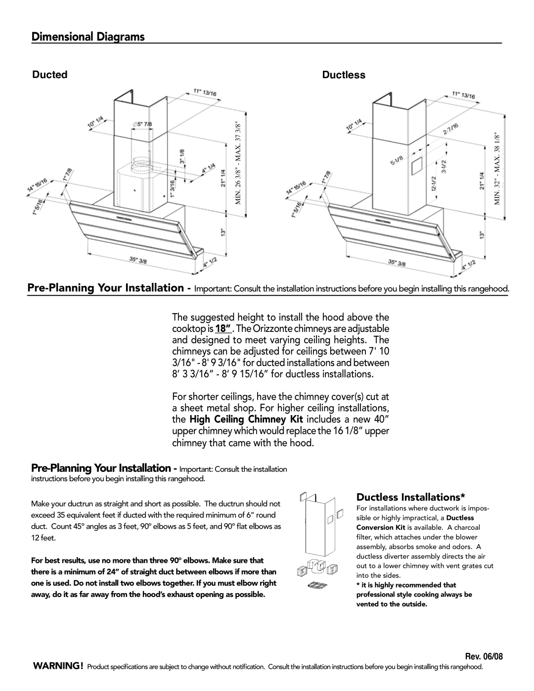 Faber 620000362 manual Dimensional Diagrams, Ducted Ductless, Ductless Installations 