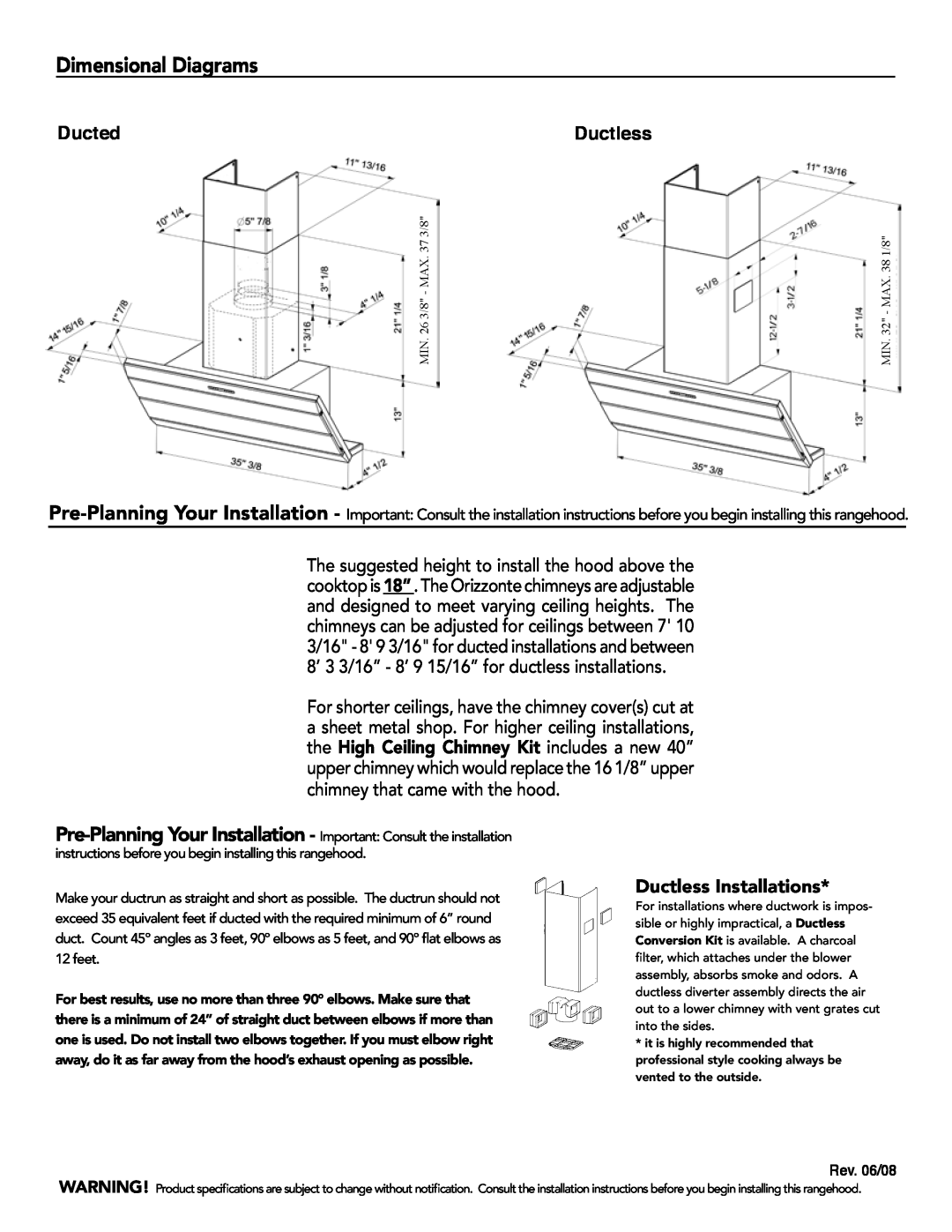 Faber 620000362 manual Dimensional Diagrams, Ducted, Ductless Installations, Rev. 06/08 