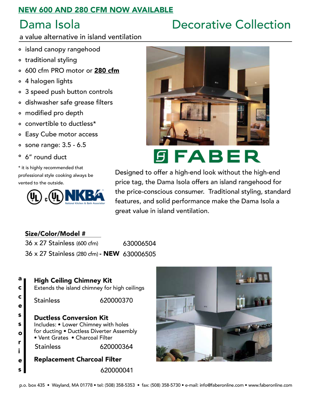 Faber 620000041, 620000370, 620000364 manual Dama Isola Decorative Collection, Value alternative in island ventilation 