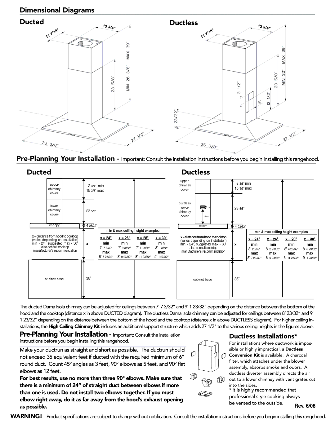 Faber 620000364, 620000370, 620000041 Dimensional Diagrams Ducted Ductless, Ductless Installations, Min, 8 min, 15 3/8 max 