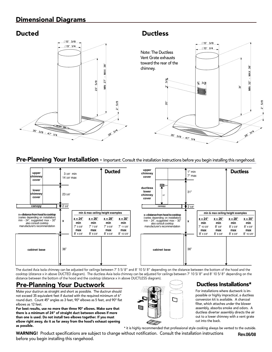 Faber 630001068, 630000815 manual Dimensional Diagrams Ducted, Pre-Planning Your Ductwork, Ductless Installations 