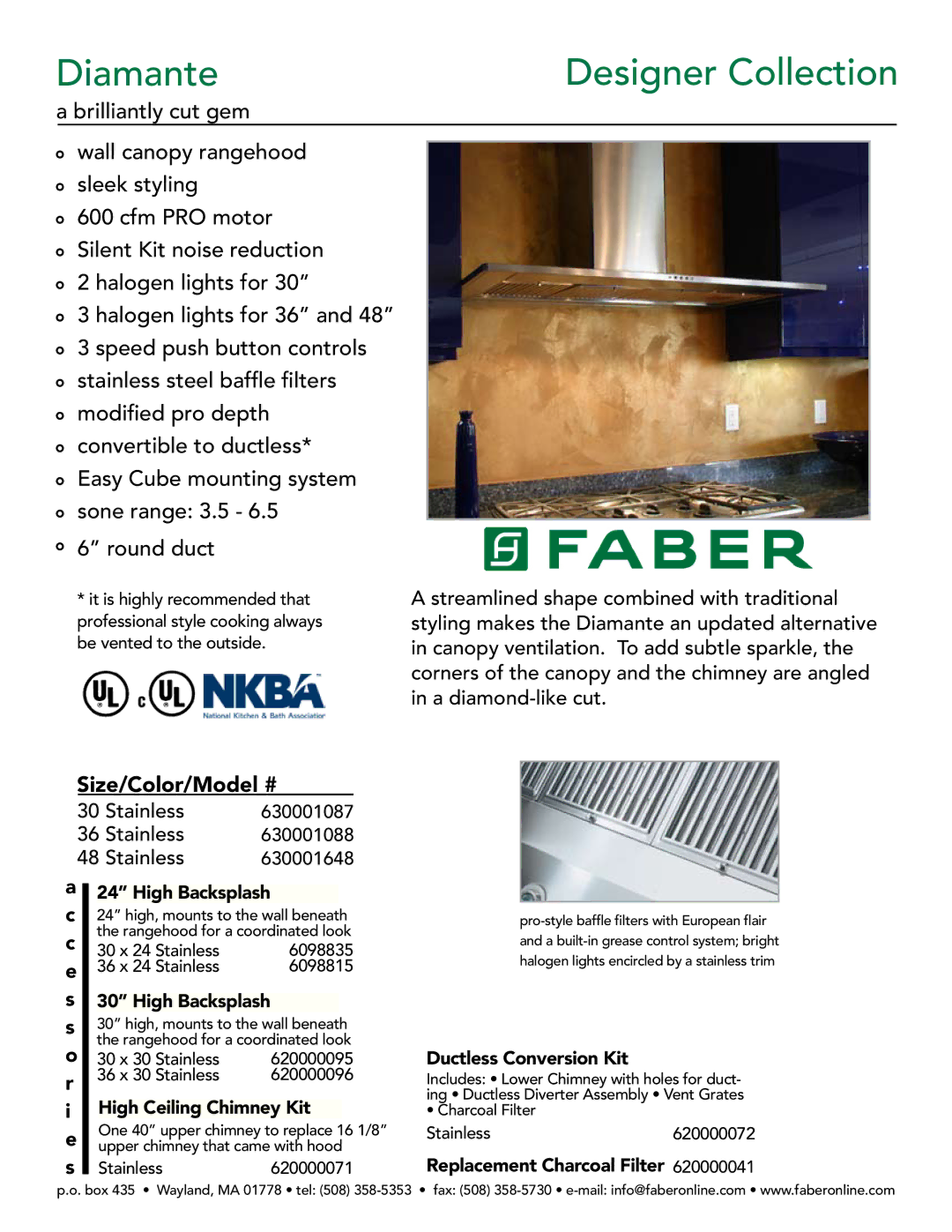 Faber 630001648 manual High Backsplash, High Ceiling Chimney Kit, Ductless Conversion Kit, Replacement Charcoal Filter 