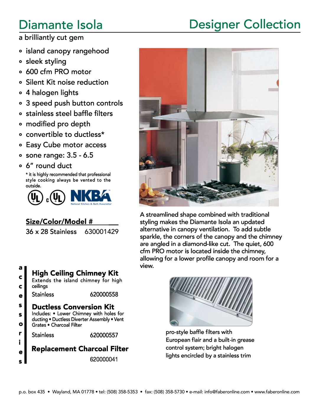 Faber 630001429 manual Size/Color/Model #, High Ceiling Chimney Kit, sDuctless Conversion Kit, Stainless, 620000557 