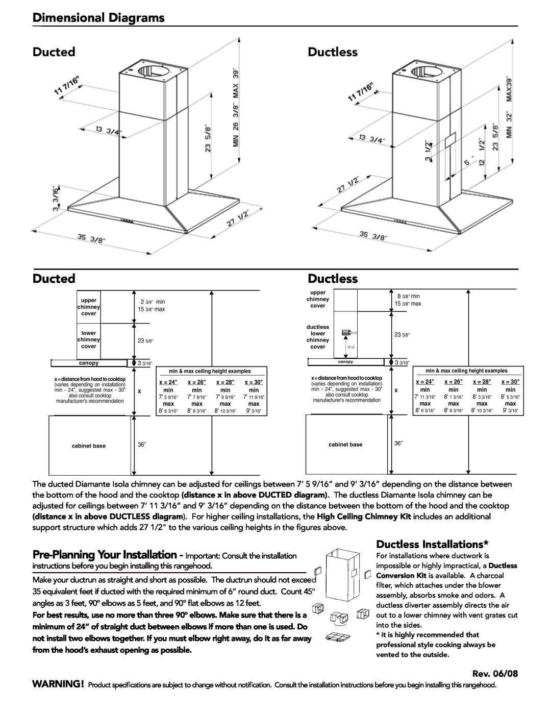 Faber 630001429 manual Dimensional Diagrams, Ducted, Ductless Installations, Rev. 06/08 