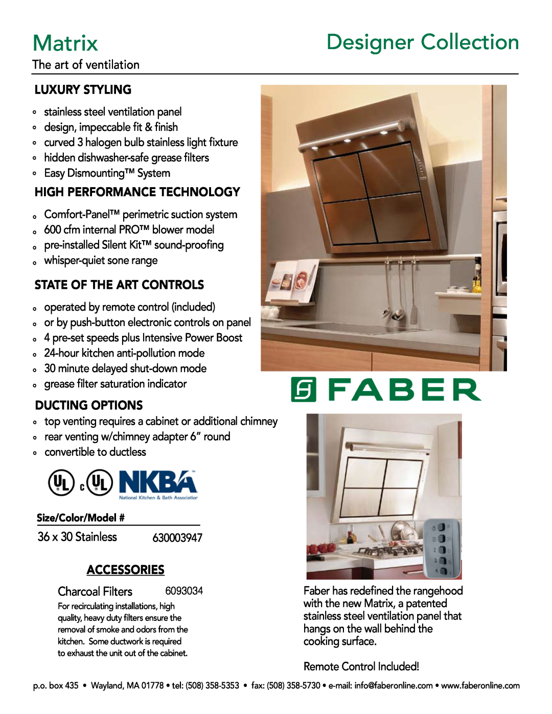 Faber 630003947 manual Matrix, Designer Collection, The art of ventilation, Luxury Styling, High Performance Technology 