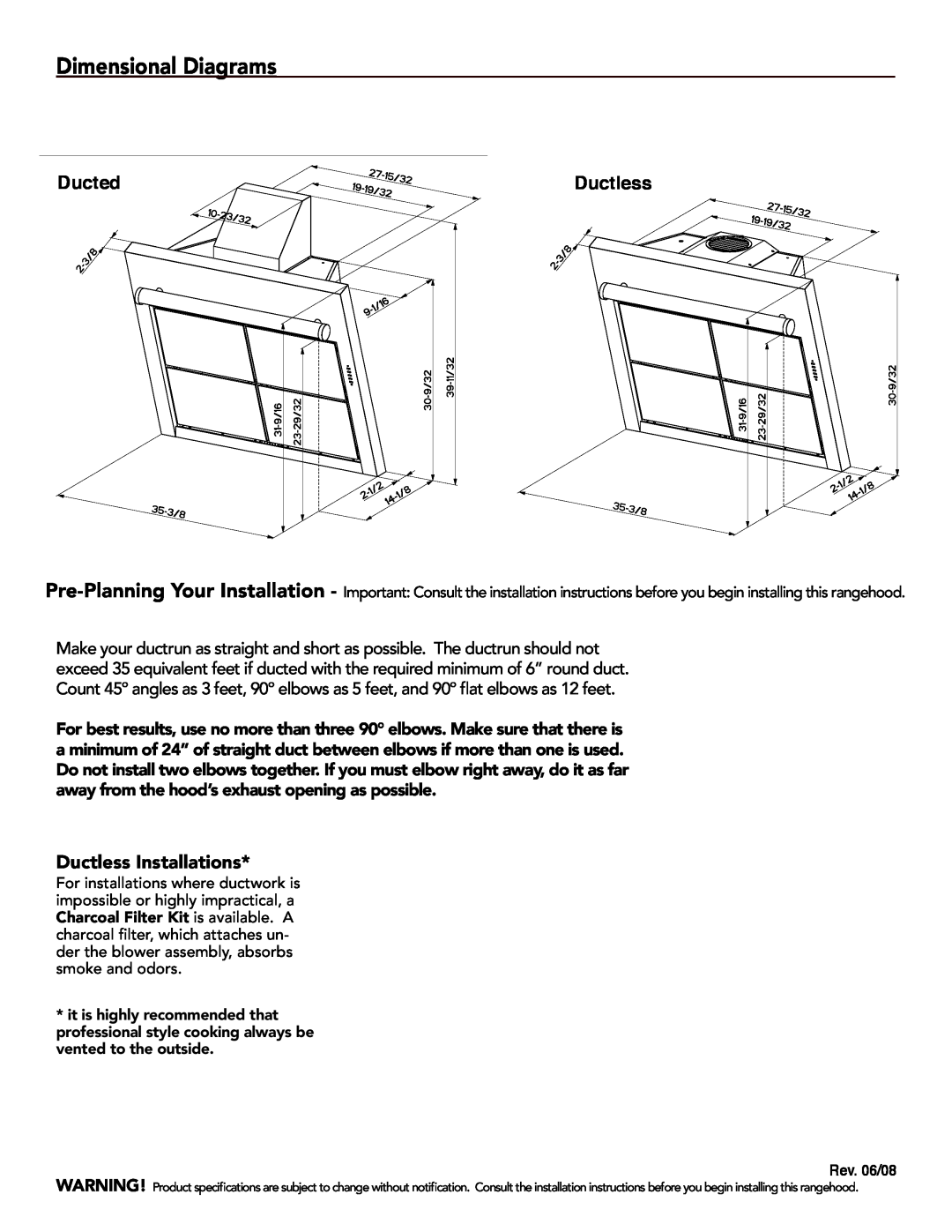 Faber 630003947 manual Dimensional Diagrams, Ducted, Ductless Installations, Rev. 06/08 
