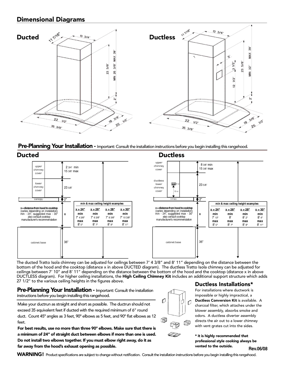 Faber 630003949 manual Dimensional Diagrams Ducted, Ductless 