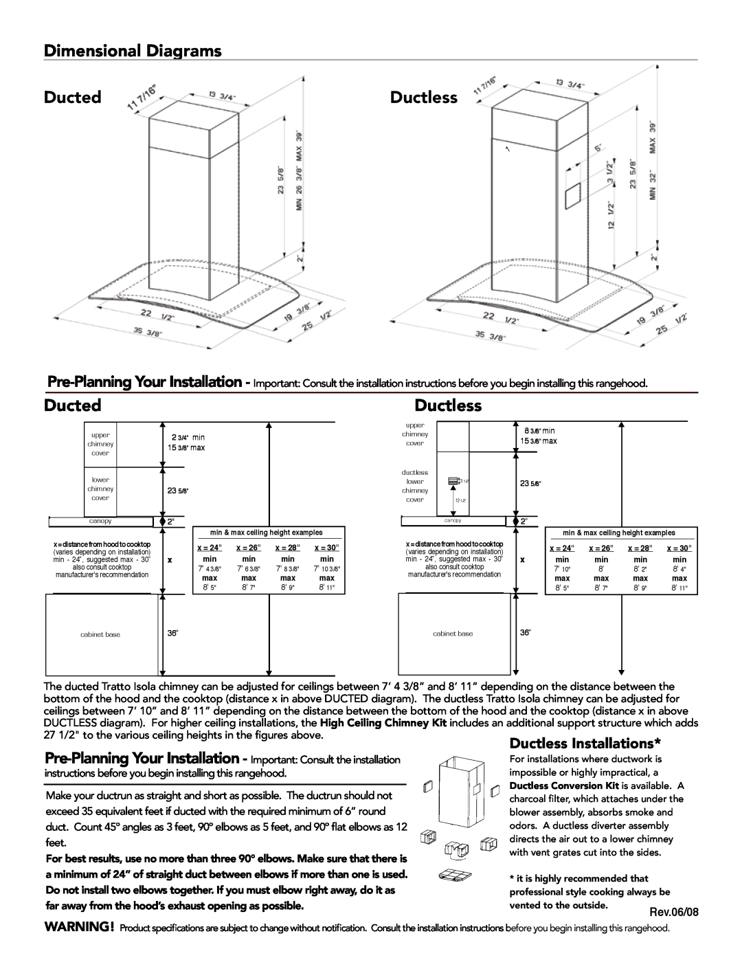 Faber 630003949 manual Ductless, Dimensional Diagrams, Ducted, Rev.06/08 