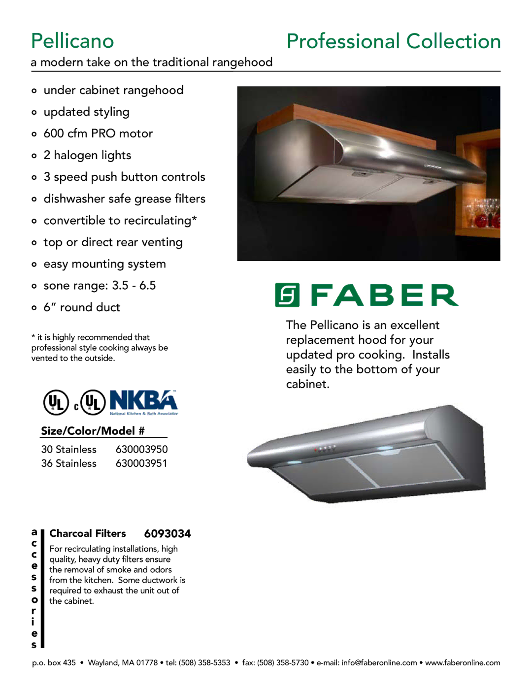 Faber 630003950, 630003951 manual Pellicano Professional Collection, Modern take on the traditional rangehood 