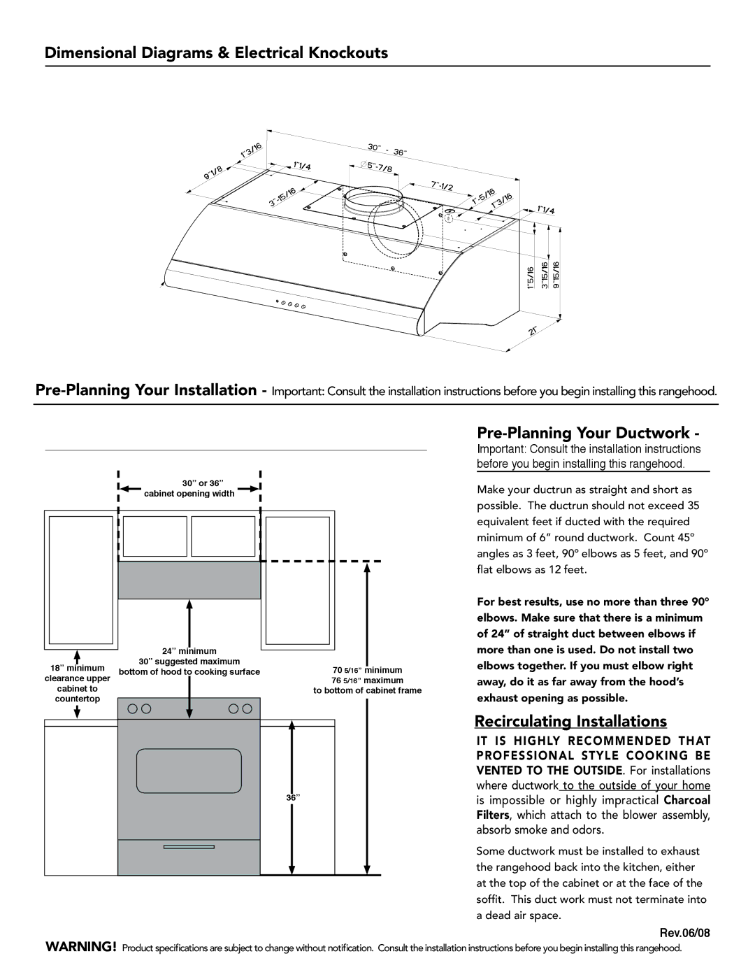 Faber 630003951 manual Dimensional Diagrams & Electrical Knockouts, Pre-Planning Your Ductwork, Recirculating Installations 