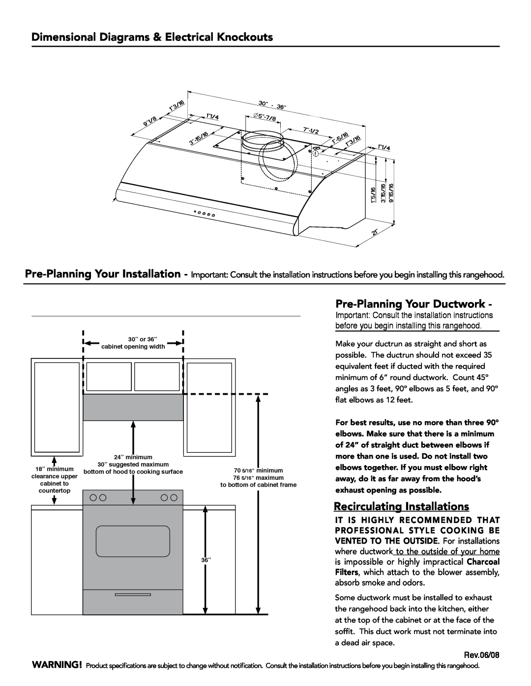Faber 630003951 manual Dimensional Diagrams & Electrical Knockouts, Pre-PlanningYour Ductwork, Recirculating Installations 