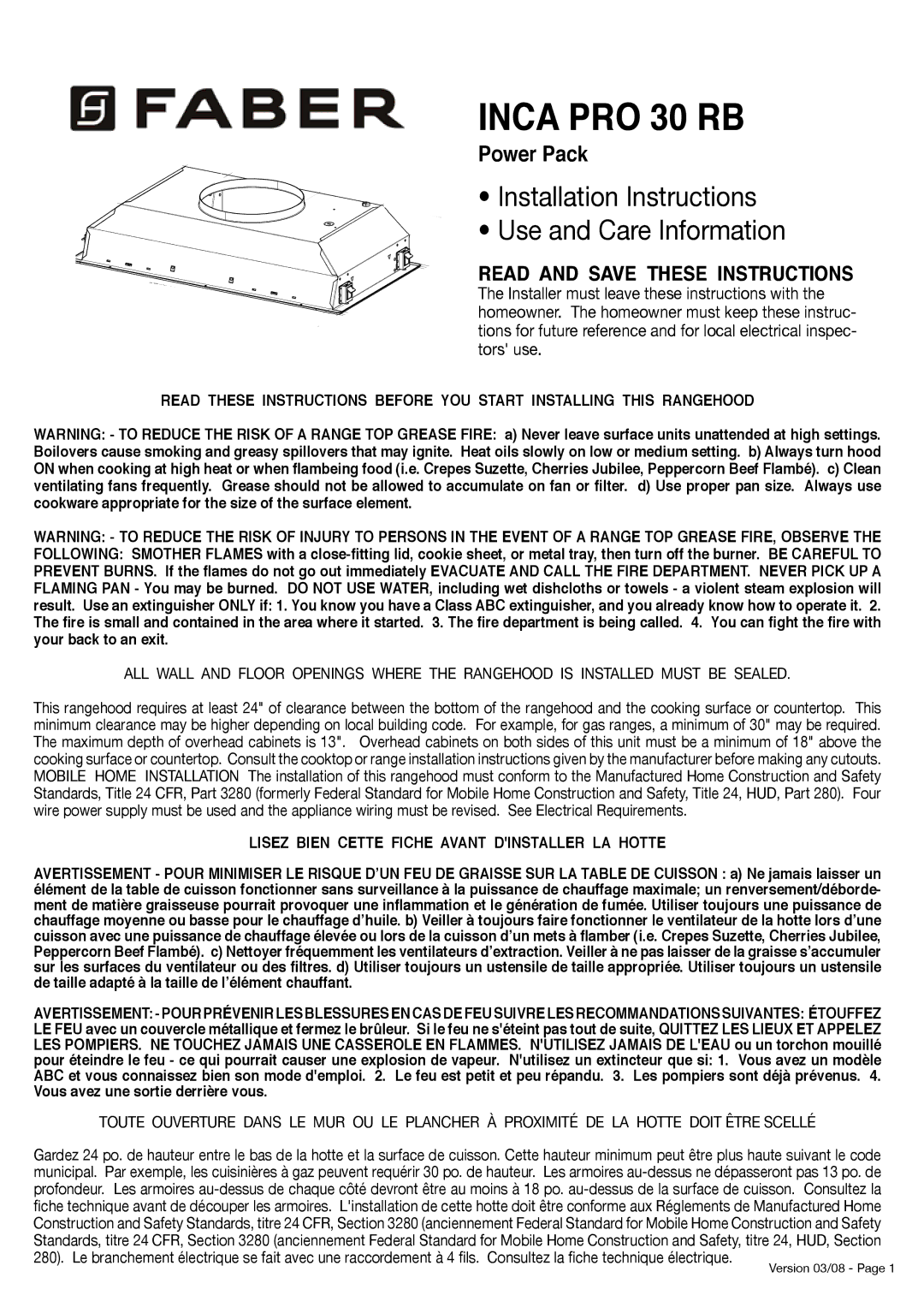 Faber 630003952 installation instructions Inca PRO 30 RB, Lisez Bien Cette Fiche Avant Dinstaller LA Hotte 