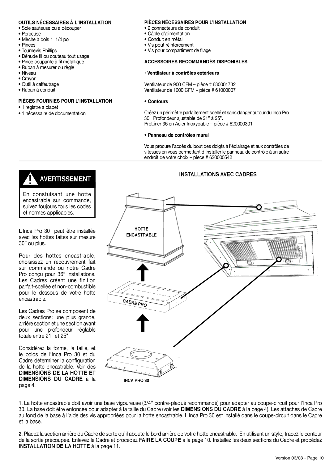 Faber 630003952 installation instructions Installations Avec Cadres, Dimensions DE LA Hotte ET Dimensions DU Cadre à la 