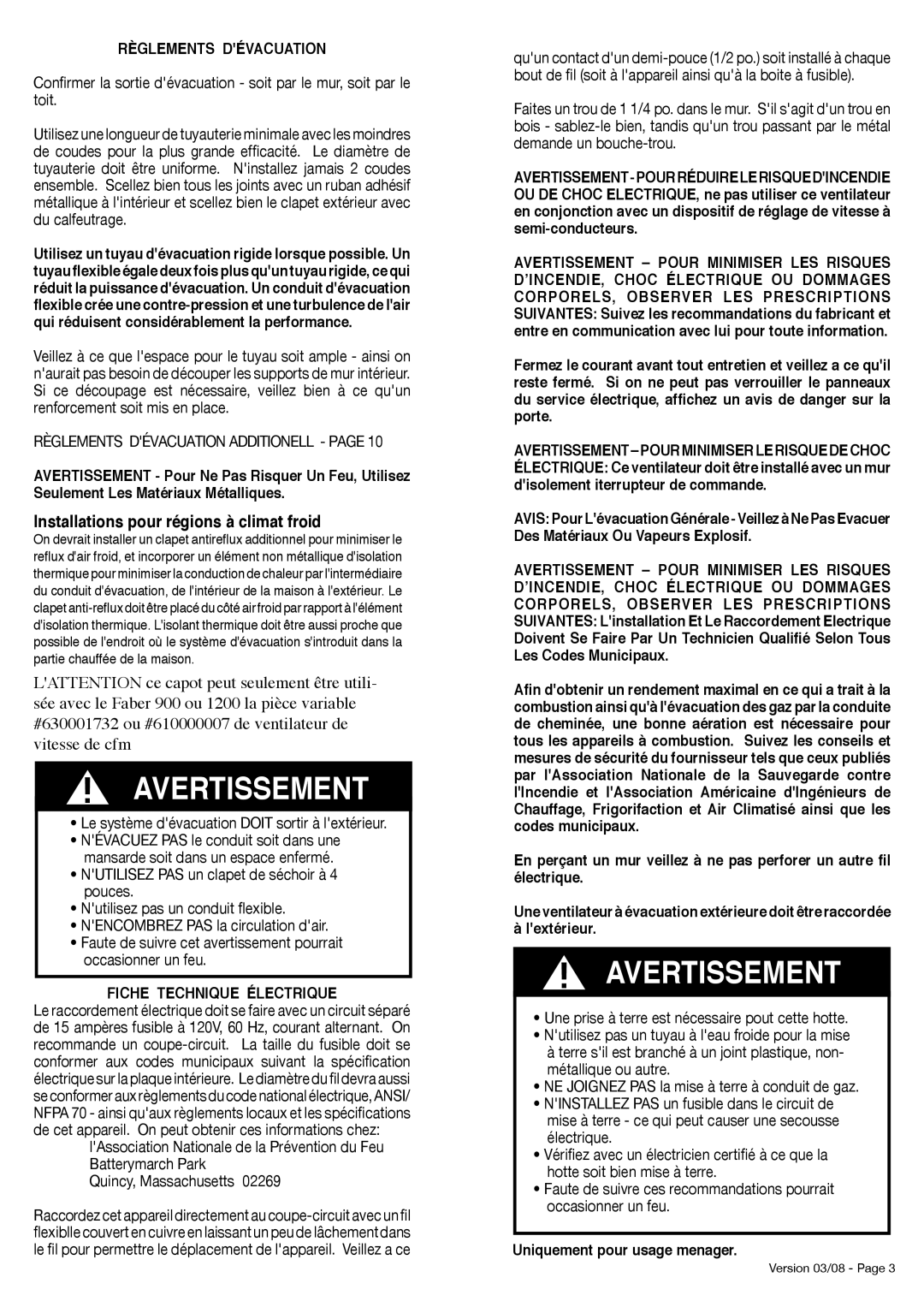 Faber 630003952 Règlements Dévacuation, Le système dévacuation Doit sortir à lextérieur, Fiche Technique Électrique 