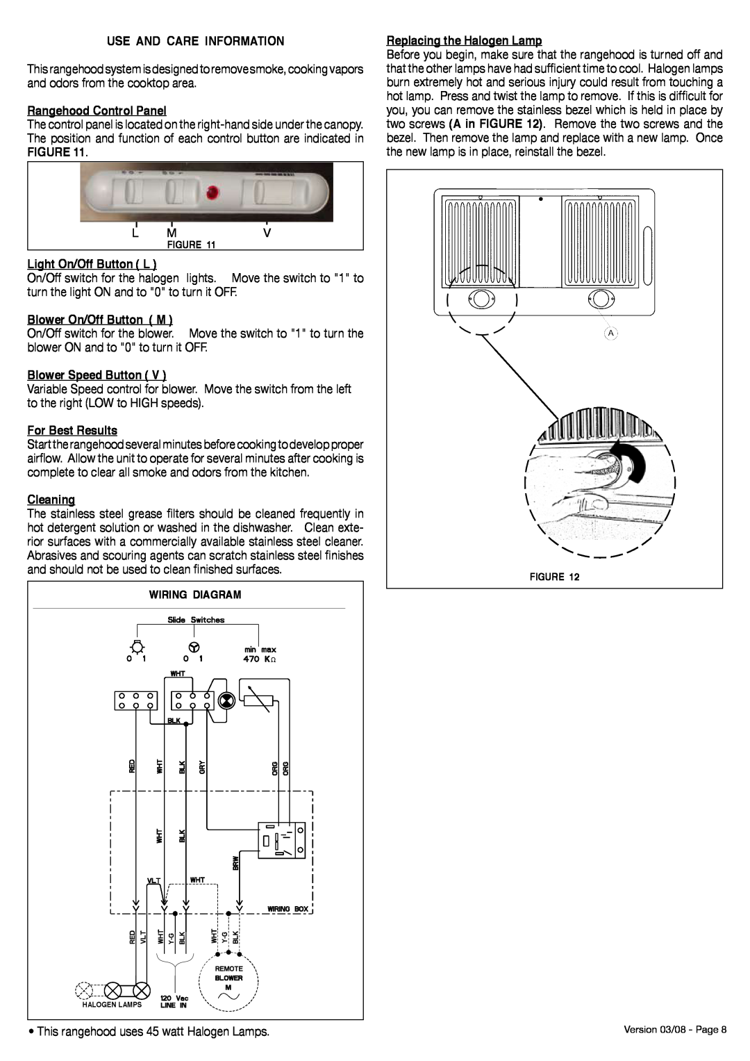 Faber 630003952 Use And Care Information, Rangehood Control Panel, Replacing the Halogen Lamp, Light On/Off Button L 