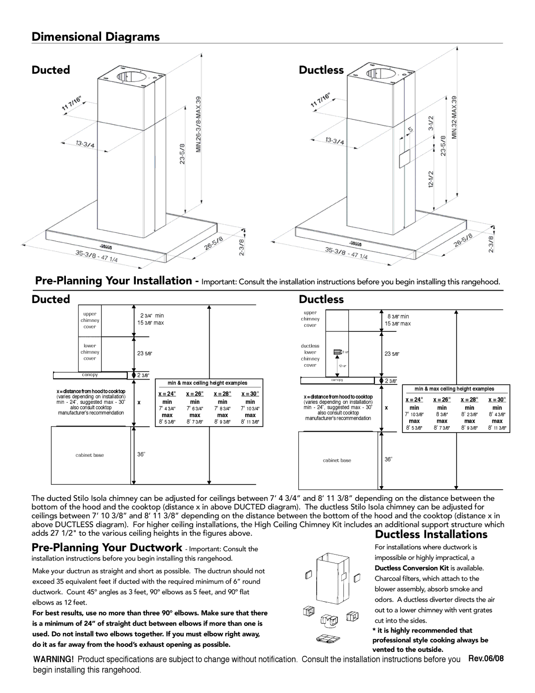 Faber 630006457, 630006456 manual Dimensional Diagrams, Ducted Ductless, Ductless Installations 