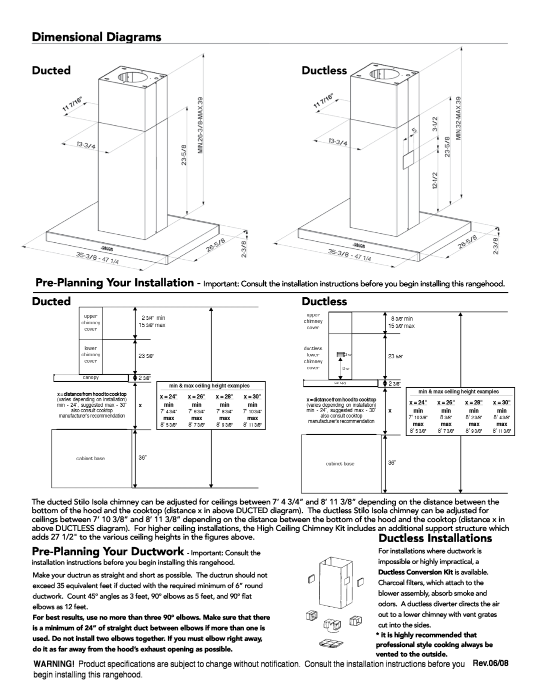 Faber 630006457, 630006456 manual Dimensional Diagrams, Ducted, Ductless Installations, Rev.06/08 