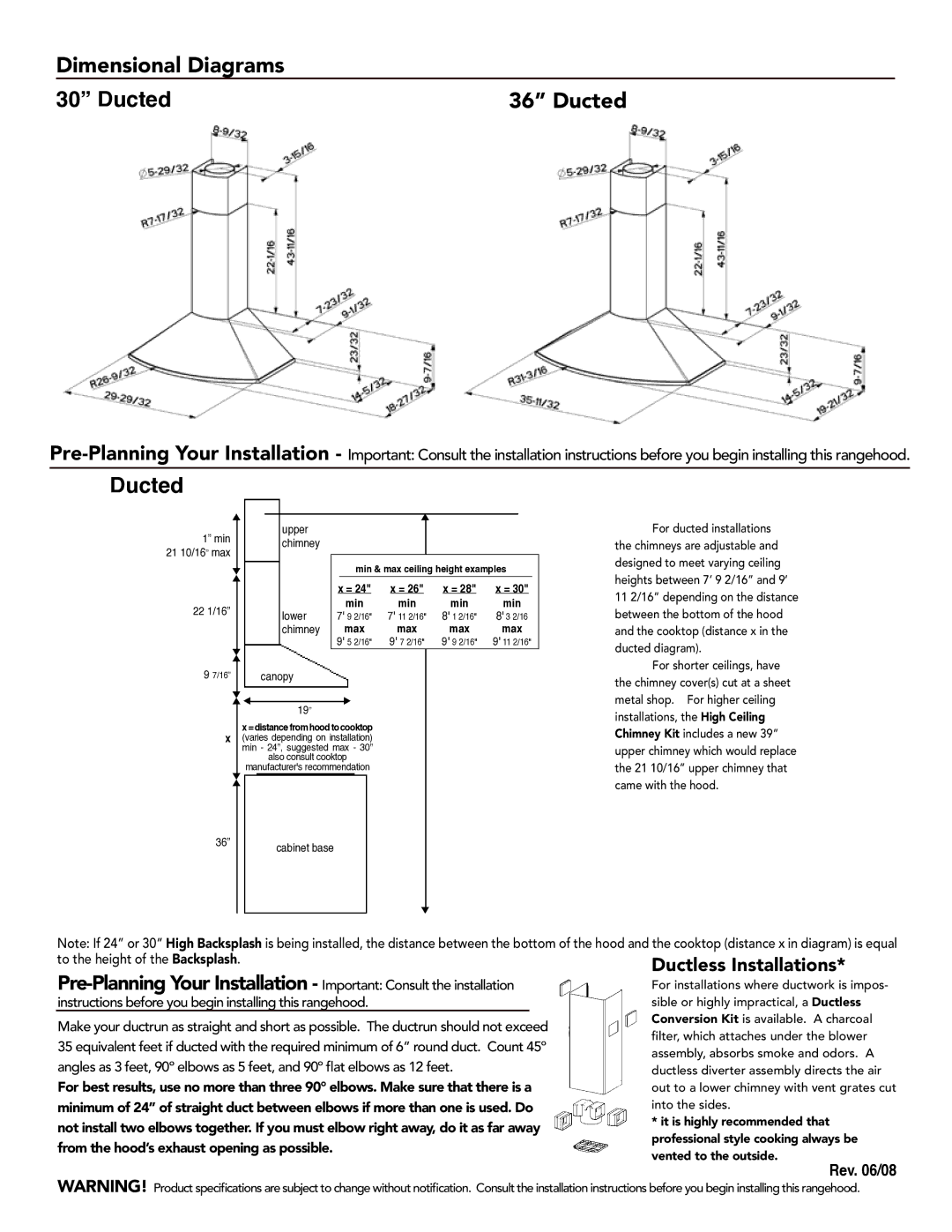 Faber 630006500, 630006499, 630006501, 630006498 manual Dimensional Diagrams Ducted 