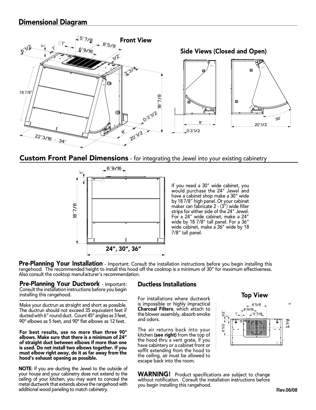 Faber 630006507 Dimensional Diagram, Front View Side Views Closed and Open, Pre-Planning Your Ductwork Important, 24, 30 