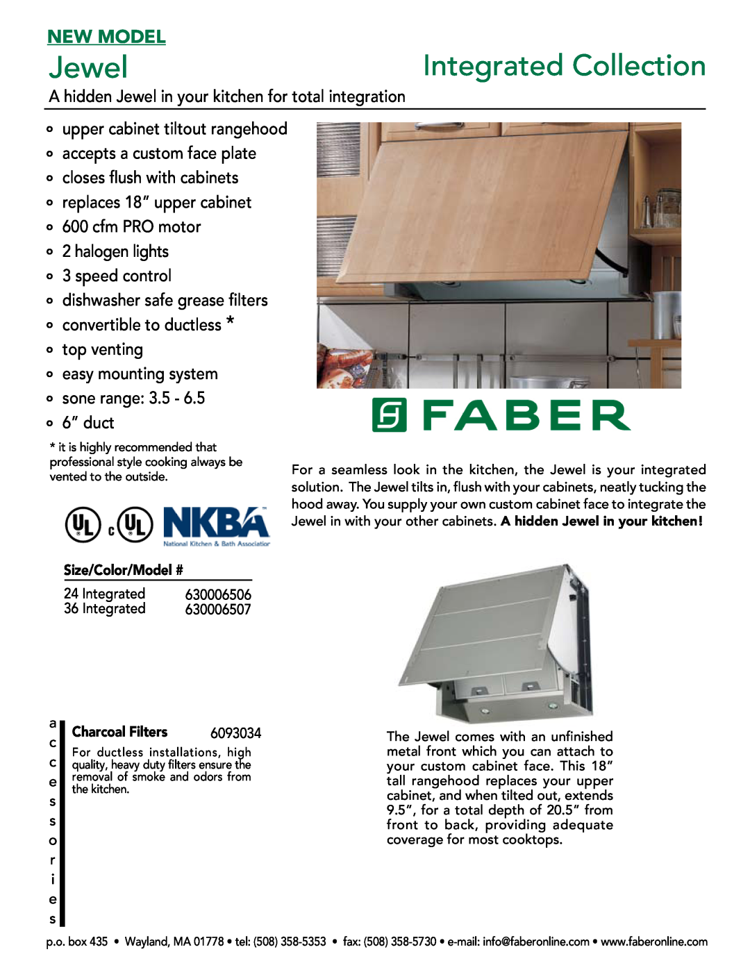 Faber 630006506 manual Size/Color/Model #, 630006507, Charcoal Filters, 6093034, Jewel, Integrated Collection 