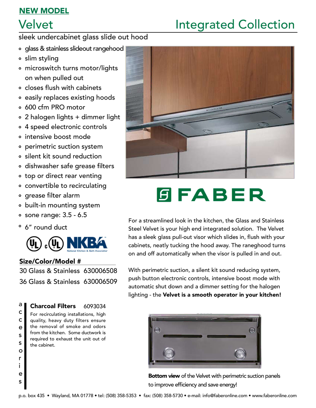 Faber 630006508 manual Velvet Integrated Collection, Sleek undercabinet glass slide out hood, Size/Color/Model # 