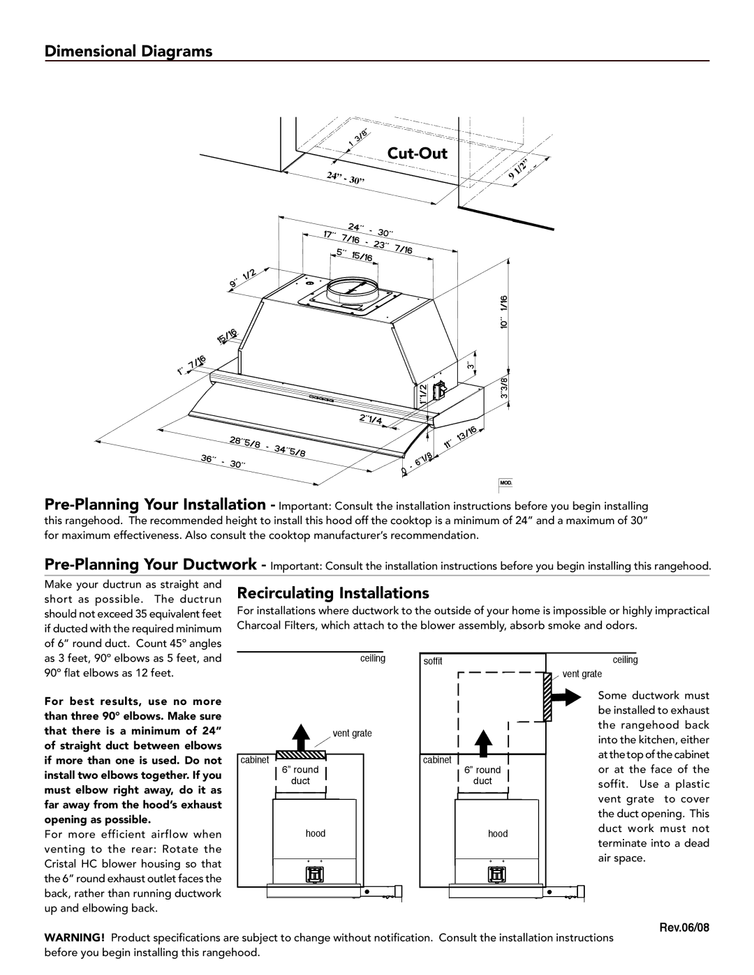 Faber 630006508 manual Dimensional Diagrams Cut-Out, Recirculating Installations, Front View 