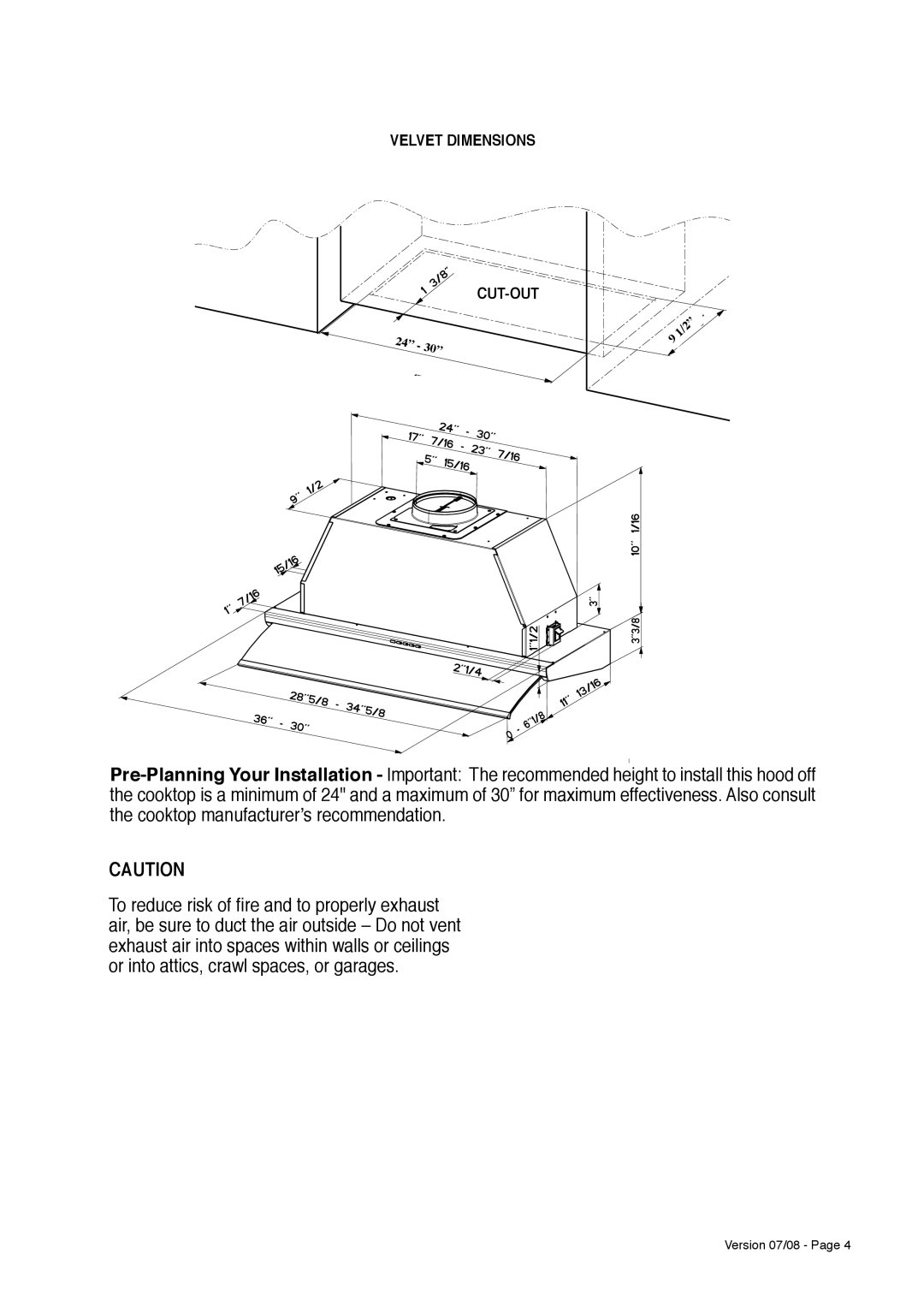 Faber 630006509 installation instructions Velvet Dimensions CUT-OUT 