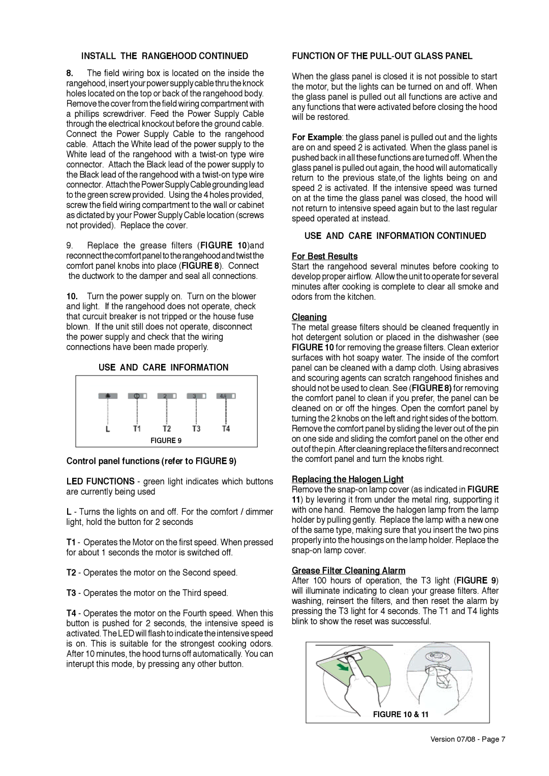 Faber 630006509 installation instructions USE and Care Information, Function of the PULL-OUT Glass Panel 