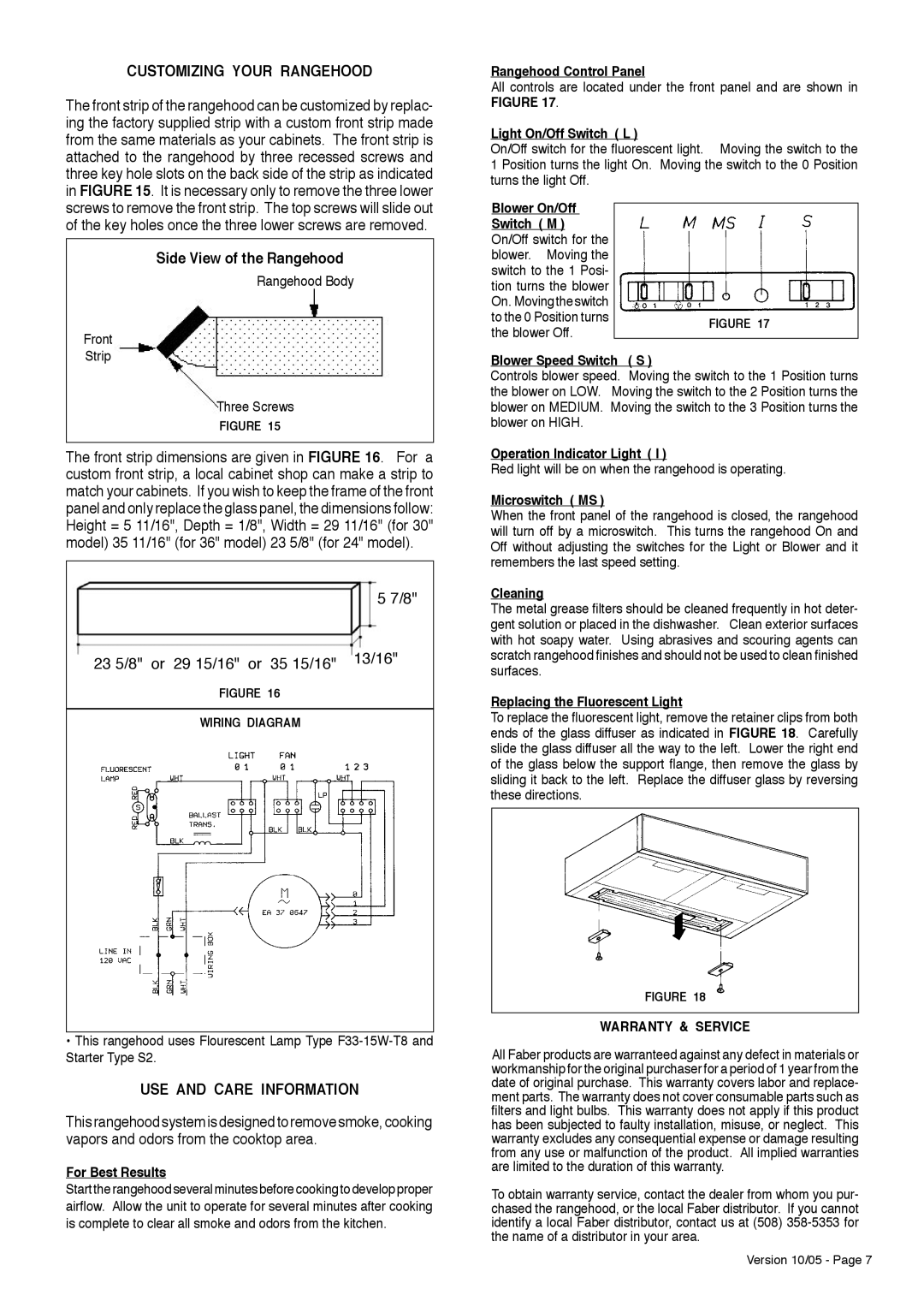 Faber Agio Customizing Your Rangehood, Side View of the Rangehood, USE and Care Information, Warranty & Service 