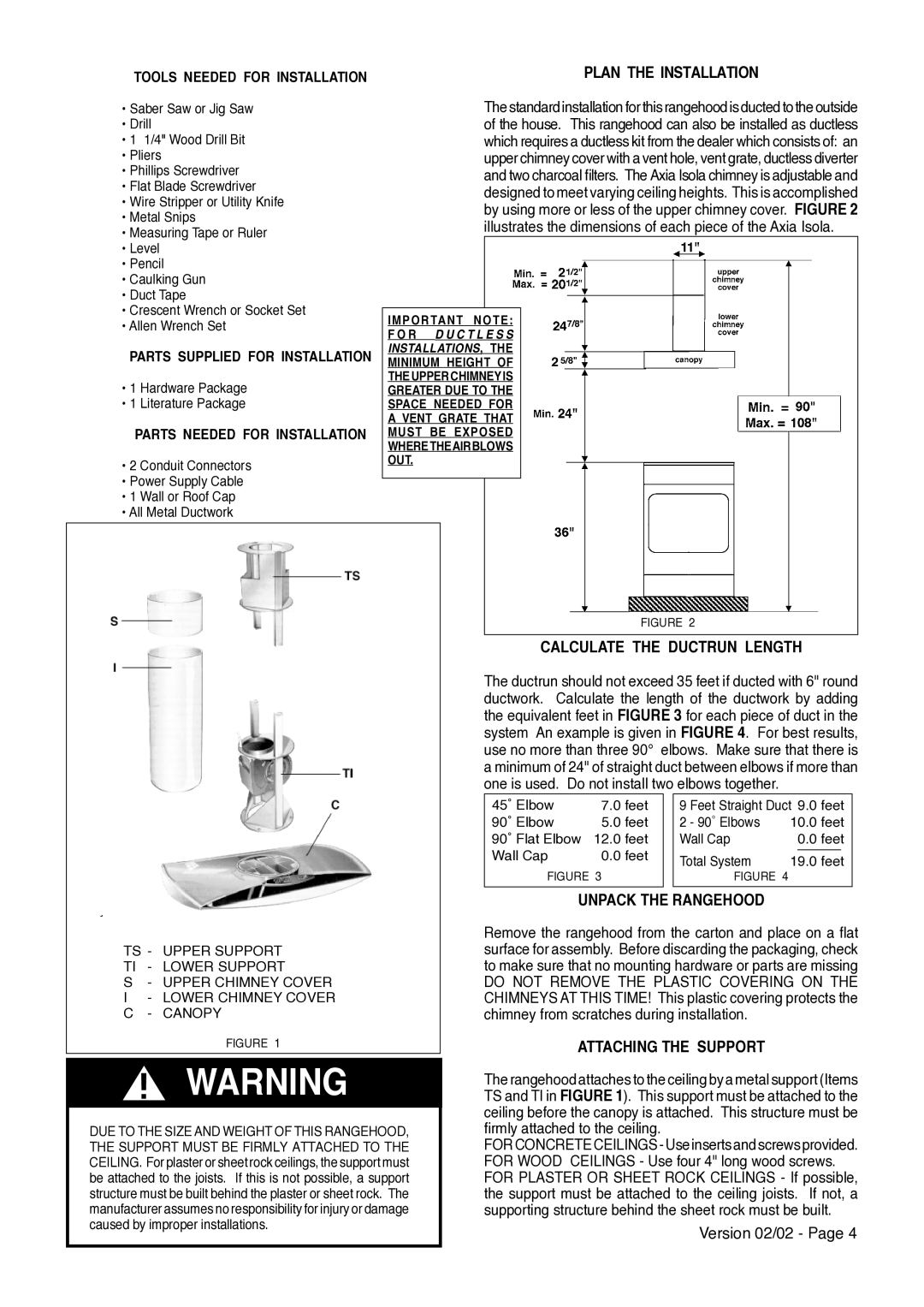 Faber AXIA ISOLA Plan the Installation, Calculate the Ductrun Length, Unpack the Rangehood, Attaching the Support 