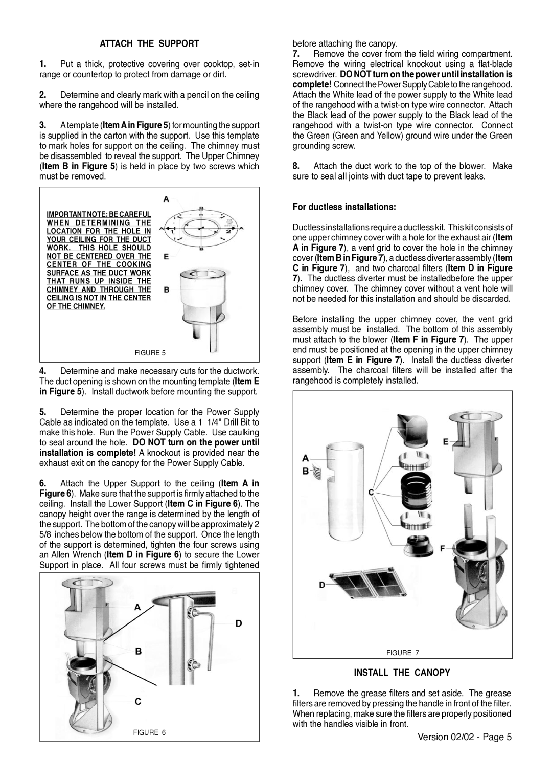 Faber AXIA ISOLA installation instructions Attach the Support, For ductless installations, Install the Canopy 