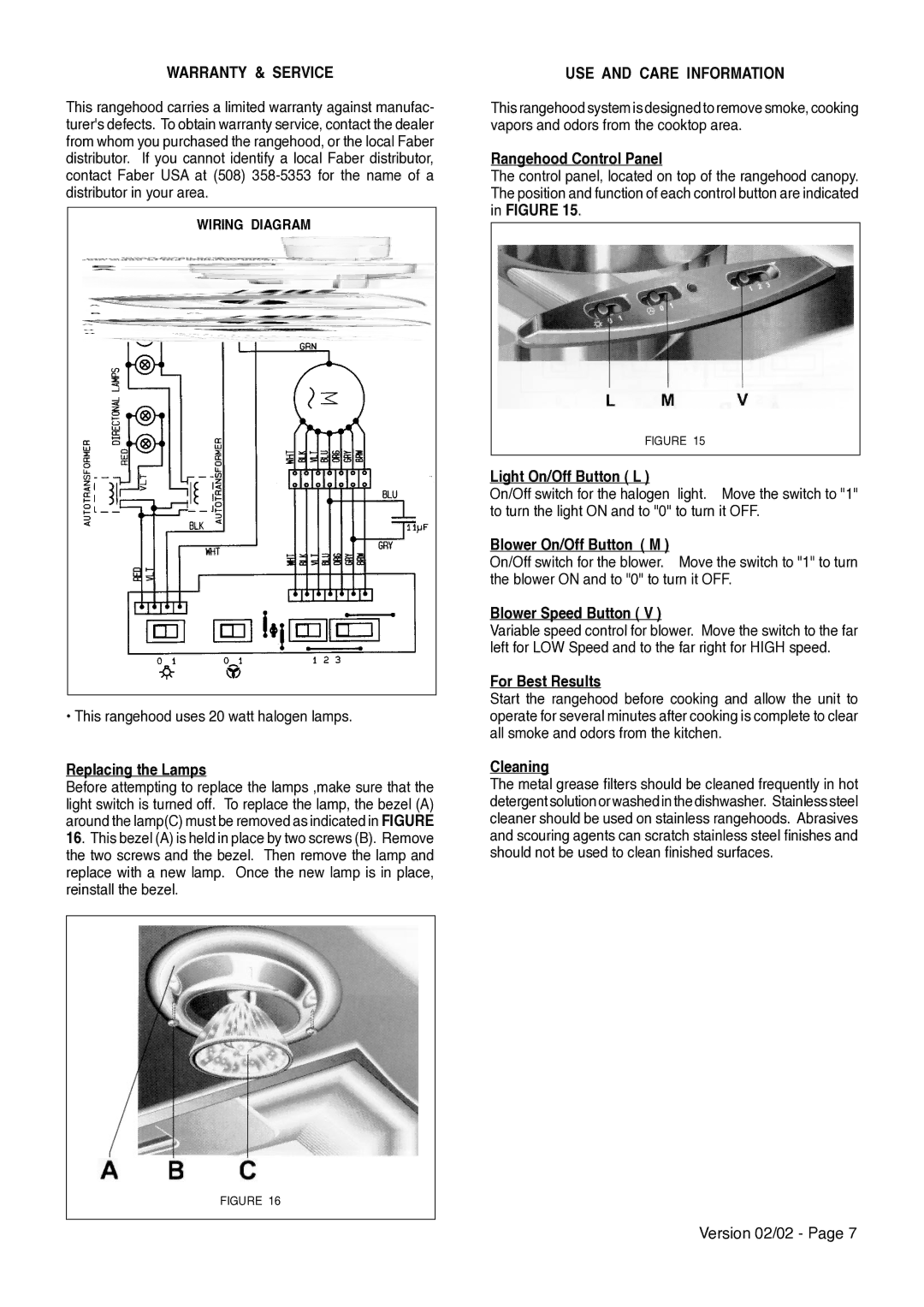 Faber AXIA ISOLA installation instructions Warranty & Service, USE and Care Information 