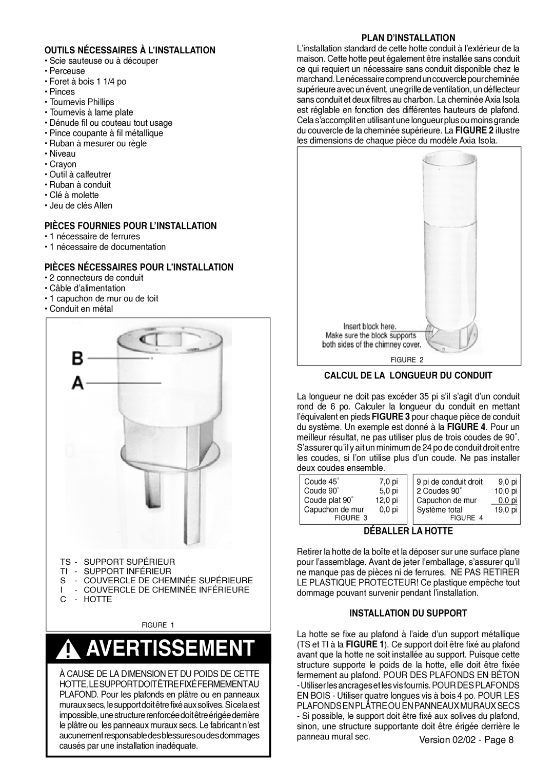 Faber AXIA ISOLA installation instructions Calcul DE LA Longueur DU Conduit, Déballer LA Hotte, Installation DU Support 