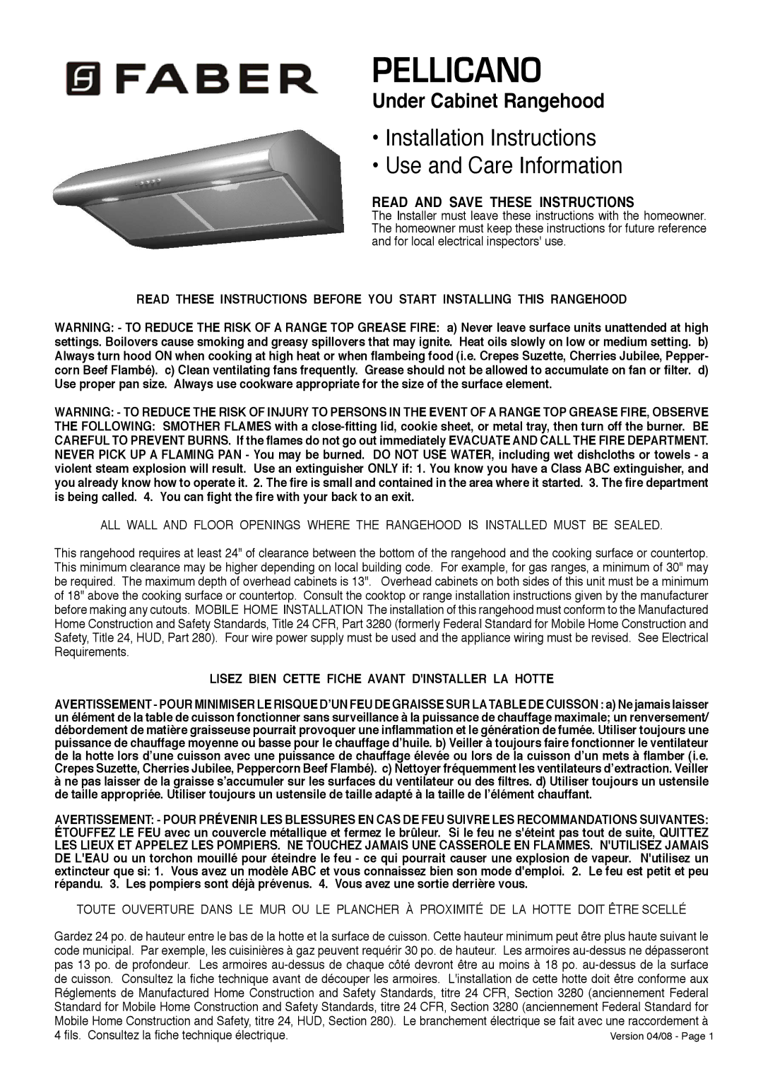 Faber Cabinet Rangehood installation instructions Pellicano, Lisez Bien Cette Fiche Avant Dinstaller LA Hotte 