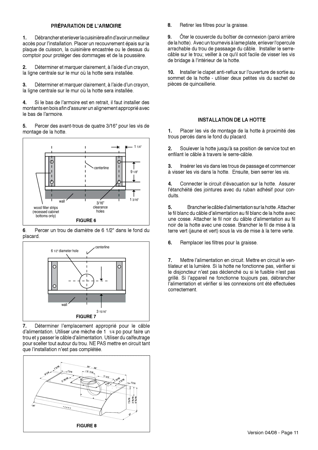 Faber Cabinet Rangehood Préparation DE Larmoire, Installation DE LA Hotte, Trous percés dans le fond du placard 