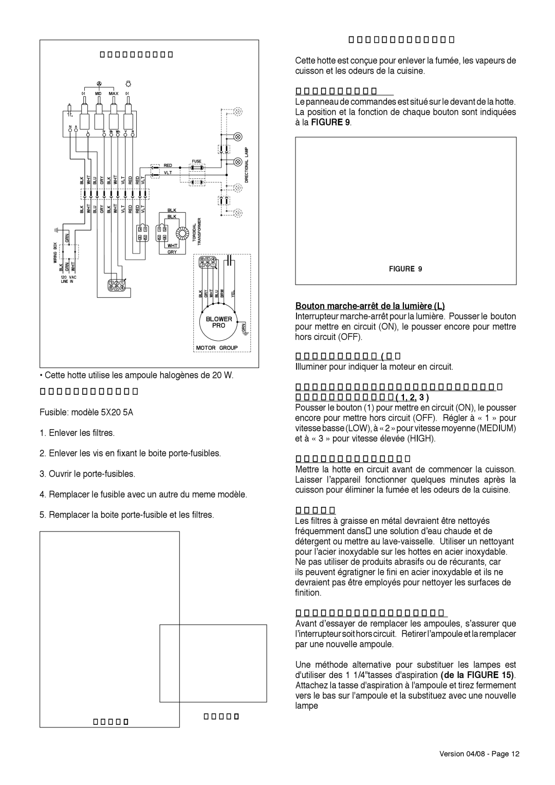 Faber Cabinet Rangehood installation instructions Changement DES Fusibles, Utilisation ET Entretien 